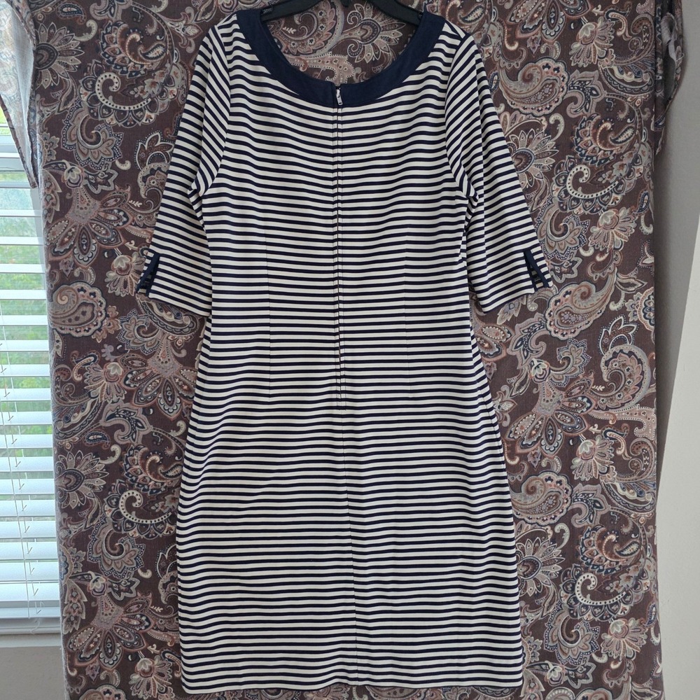 Banana Republic Navy White Striped Sheath Dress Scoop Neck Elbow Sleeve Size 10 - Picture 4 of 16